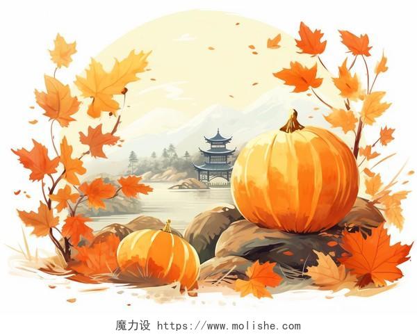 阳光明媚的日子里秋叶和南瓜水彩AI插画农作物秋天立秋秋收枫叶